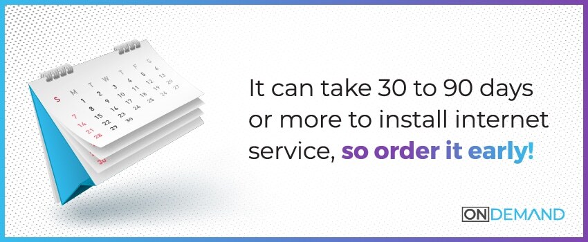 It can take 30 to 90 days or more to install internet service, so order it early!